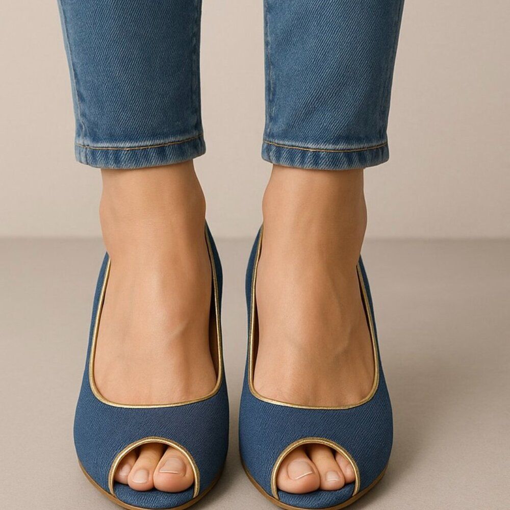A J Valenci Peep Toe Denim Wedge Pumps Blue Gold Trim Size 9W – EUC - Picture 2 of 10
